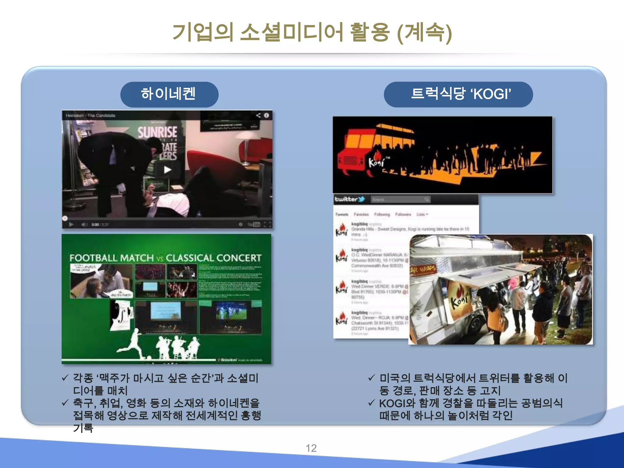 기업의 소셜미디어 활용 (계속)
트럭식당 ‘KOGI’

하이네켄

 각종 ‘맥주가 마시고 싶은 순간’과 소셜미
디어를 매치
 축구, 취업, 영화 등의 소재와 하이네켄을
접목해 영상으로 제작해 전세계적인 흥행
기록

 미국의 트럭식당에서 트위터를 활용해 이
동 경로, 판매 장소 등 고지
 KOGI와 함께 경찰을 따돌리는 공범의식
때문에 하나의 놀이처럼 각인
12

 