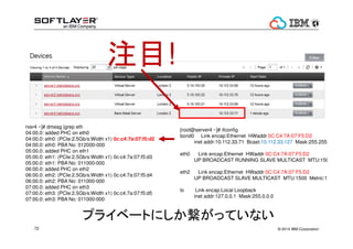? 2014 IBM Corporation72
עĿ!
[root@server4 ~]# dmesg |grep eth
igb 0000:04:00.0: added PHC on eth0
igb 0000:04:00.0: eth0: (PCIe:2.5Gb/s:Width x1) 0c:c4:7a:07:f5:d2
igb 0000:04:00.0: eth0: PBA No: 012000-000
igb 0000:05:00.0: added PHC on eth1
igb 0000:05:00.0: eth1: (PCIe:2.5Gb/s:Width x1) 0c:c4:7a:07:f5:d3
igb 0000:05:00.0: eth1: PBA No: 011000-000
igb 0000:06:00.0: added PHC on eth2
igb 0000:06:00.0: eth2: (PCIe:2.5Gb/s:Width x1) 0c:c4:7a:07:f5:d4
igb 0000:06:00.0: eth2: PBA No: 011000-000
igb 0000:07:00.0: added PHC on eth3
igb 0000:07:00.0: eth3: (PCIe:2.5Gb/s:Width x1) 0c:c4:7a:07:f5:d5
igb 0000:07:00.0: eth3: PBA No: 011000-000
[root@server4 ~]# ifconfig
bond0 Link encap:Ethernet HWaddr 0C:C4:7A:07:F5:D2
inet addr:10.112.33.71 Bcast:10.112.33.127 Mask:255.255.
eth0 Link encap:Ethernet HWaddr 0C:C4:7A:07:F5:D2
UP BROADCAST RUNNING SLAVE MULTICAST MTU:150
eth2 Link encap:Ethernet HWaddr 0C:C4:7A:07:F5:D2
UP BROADCAST SLAVE MULTICAST MTU:1500 Metric:1
lo Link encap:Local Loopback
inet addr:127.0.0.1 Mask:255.0.0.0
ץ饤٩`ȤˤäƤʤ
 