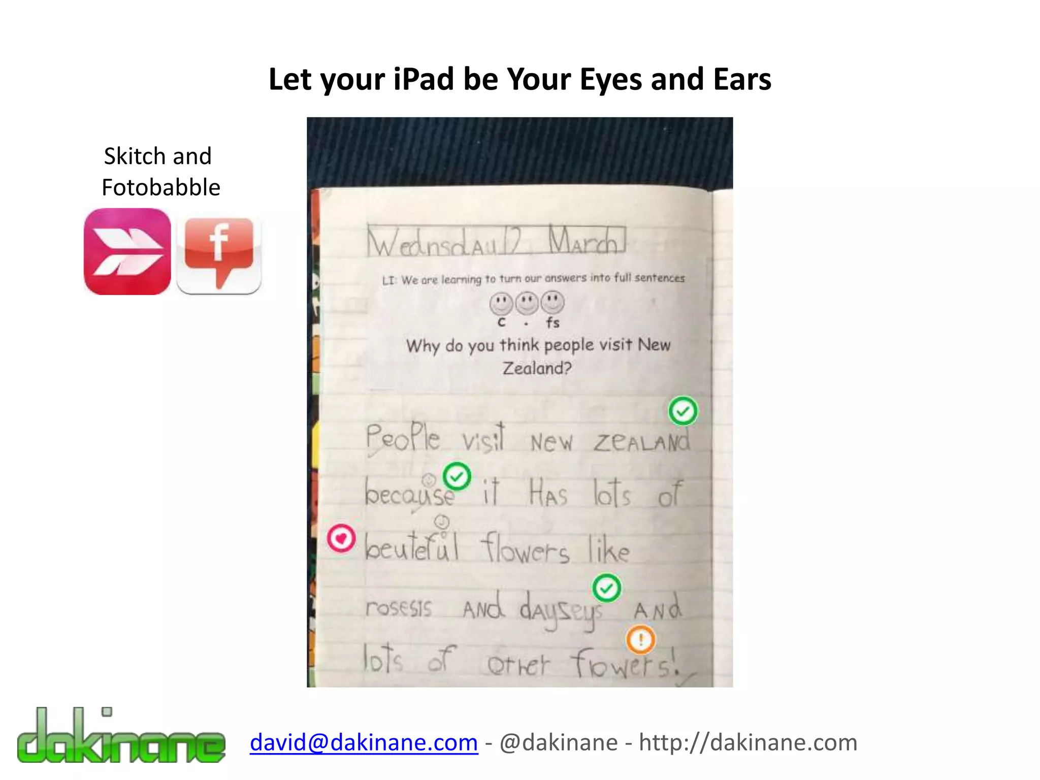Let your iPad be Your Eyes and Ears
david@dakinane.com - @dakinane - http://dakinane.com
Skitch and
Fotobabble
 