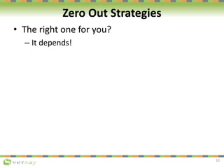 Zero Out Strategies
• The right one for you?
– It depends!
10
 