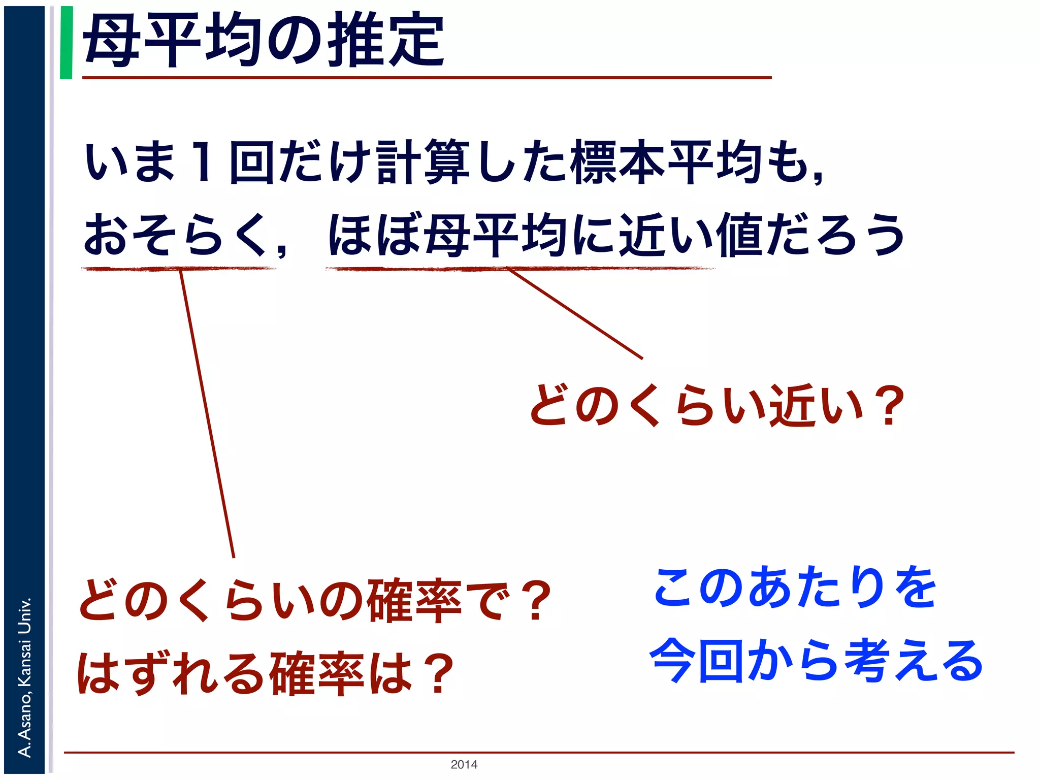 2014
A.Asano,KansaiUniv.
母平均の推定
いま１回だけ計算した標本平均も，
おそらく，ほぼ母平均に近い値だろう
どのくらい近い？
どのくらいの確率で？
はずれる確率は？
このあたりを
今回から考える
 