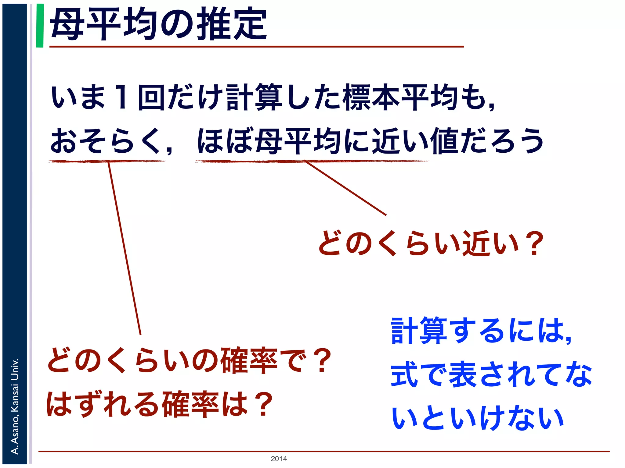 2014
A.Asano,KansaiUniv.
母平均の推定
いま１回だけ計算した標本平均も，
おそらく，ほぼ母平均に近い値だろう
どのくらい近い？
どのくらいの確率で？
はずれる確率は？
計算するには，
式で表されてな
いといけない
 