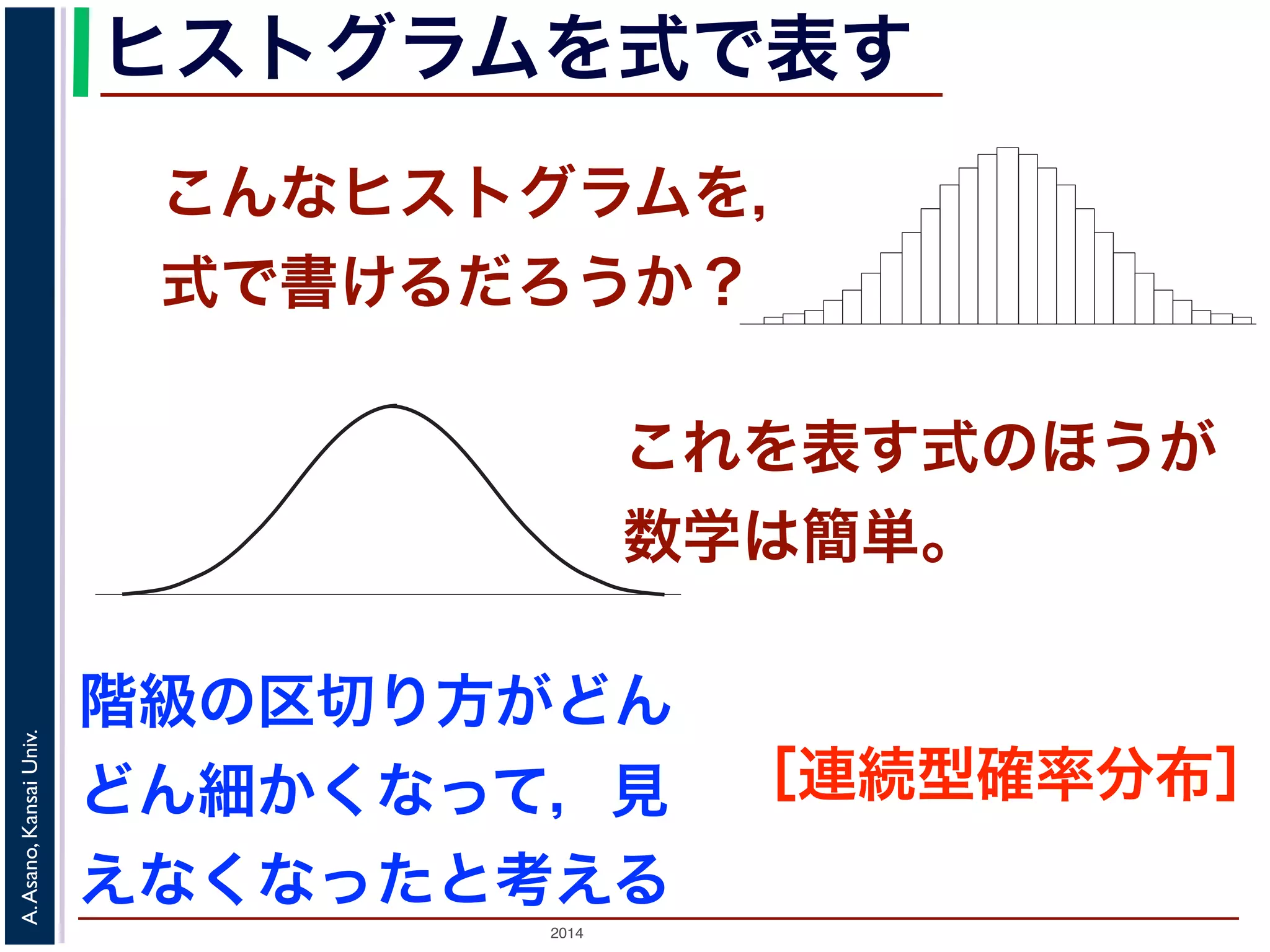 2014
A.Asano,KansaiUniv.
ヒストグラムを式で表す
こんなヒストグラムを，
式で書けるだろうか？
度数分布のヒストグラム
たくさんのデータによって描かれている
図 1: 確
ムの上端をつないだグラフで表される関数』の『
ムの上端をつないだグラフで表される関数」を確
この講義では積分の計算をすることはありませ
まとめた数表はよく用います。
「確率変数がある範囲の値に入る確率」
関数のグラフで表す
いくつかの「パラメータ」を決めれば描ける
確率分布モデル
『ある範囲』での積分」といいます。この「ヒストグラ
これを表す式のほうが
数学は簡単。
階級の区切り方がどん
どん細かくなって，見
えなくなったと考える
［連続型確率分布］
 