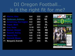 DI Oregon Football… 
is it the right fit for me? 
No. Name Ht. Wt. Position 
47 Alonso, Kiko 6-4 222 LB 
85 Anderson, Anthony 6-5 233 DE 
78 Armstrong, Karrington 6-2 283 OL 
79 Asper, Mark 6-7 322 OL 
51 Ava, Isaac 5-10 251 LB 
24 Barner, Kenjon 5-11 180 RB 
31 Bassett, Kenny 5-9 175 RB 
93 Beard, Rob 6-0 218 PK 
3 Bennett, Bryan 6-2 183 QB 
71 Benyard, Everett 6-7 315 OL 
 