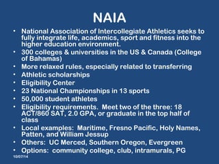 NAIA 
• National Association of Intercollegiate Athletics seeks to 
fully integrate life, academics, sport and fitness into the 
higher education environment. 
• 300 colleges & universities in the US & Canada (College 
of Bahamas) 
• More relaxed rules, especially related to transferring 
• Athletic scholarships 
• Eligibility Center 
• 23 National Championships in 13 sports 
• 50,000 student athletes 
• Eligibility requirements. Meet two of the three: 18 
ACT/860 SAT, 2.0 GPA, or graduate in the top half of 
class 
• Local examples: Maritime, Fresno Pacific, Holy Names, 
Patten, and William Jessup 
• Others: UC Merced, Southern Oregon, Evergreen 
• Options: community college, club, intramurals, PG 
10/07/14 
 