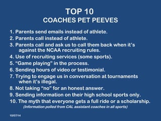 TOP 10 
COACHES PET PEEVES 
1. Parents send emails instead of athlete. 
2. Parents call instead of athlete. 
3. Parents call and ask us to call them back when it’s 
against the NCAA recruiting rules. 
4. Use of recruiting services (some sports). 
5. “Game playing” in the process. 
6. Sending hours of video or testimonial. 
7. Trying to engage us in conversation at tournaments 
when it’s illegal. 
8. Not taking “no” for an honest answer. 
9. Sending information on their high school sports only. 
10. The myth that everyone gets a full ride or a scholarship. 
(Information polled from CAL assistant coaches in all sports) 
10/07/14 
 