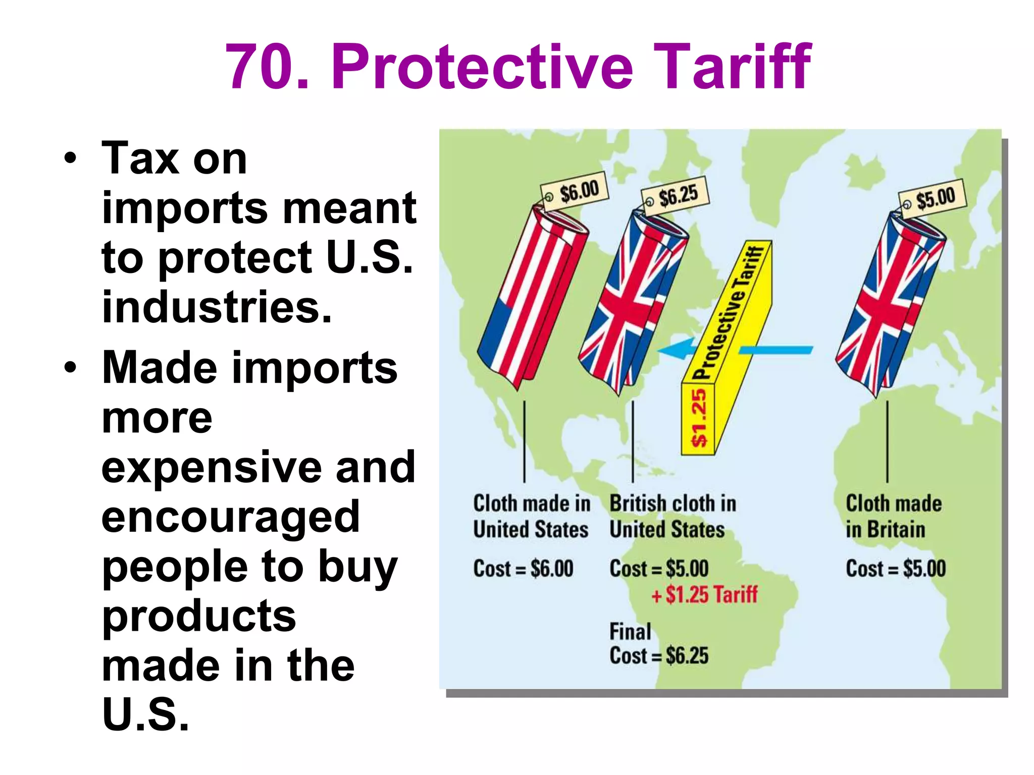 70. Protective Tariff
• Tax on
imports meant
to protect U.S.
industries.
• Made imports
more
expensive and
encouraged
people to buy
products
made in the
U.S.
 