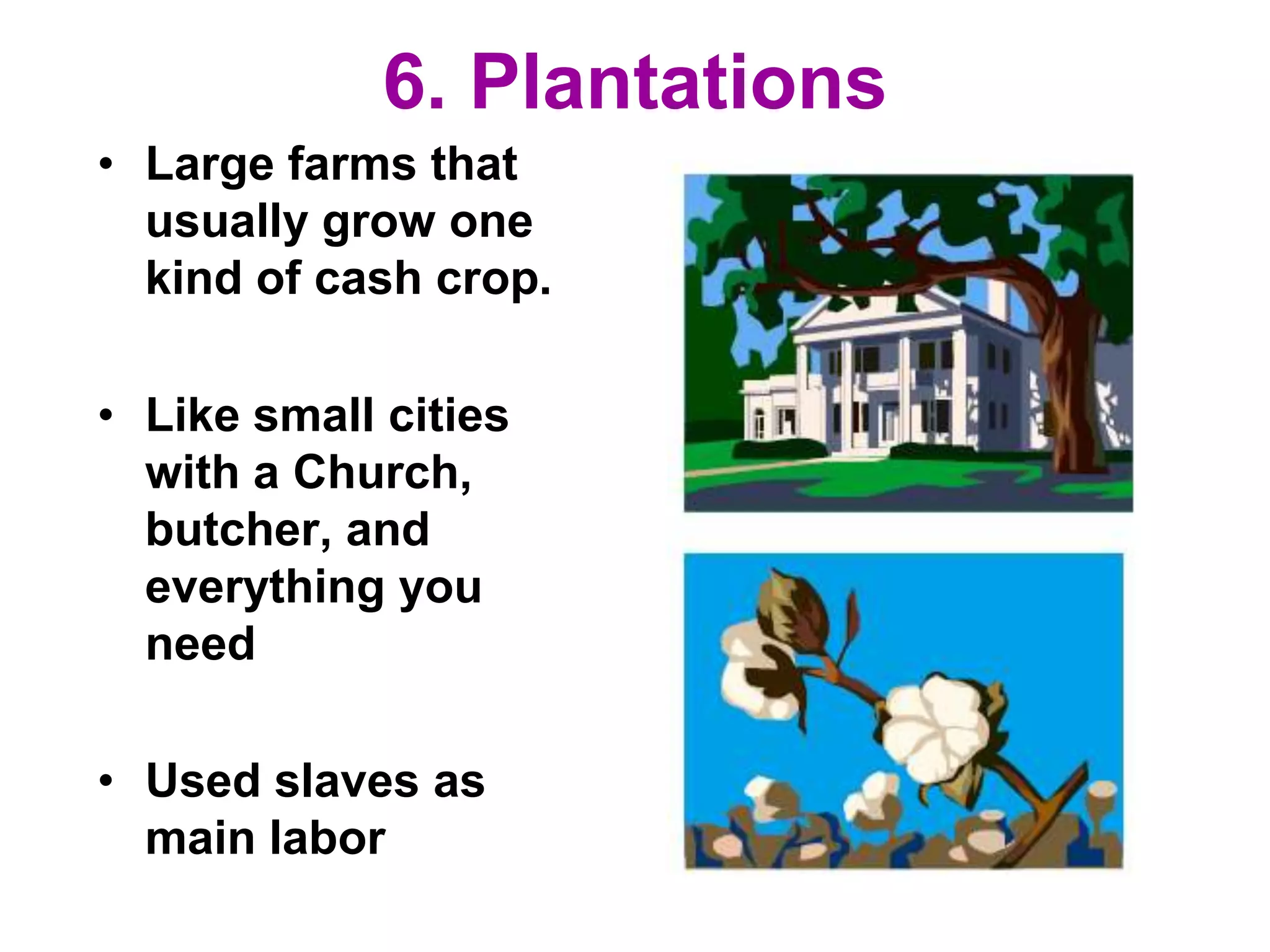 6. Plantations
• Large farms that
usually grow one
kind of cash crop.
• Like small cities
with a Church,
butcher, and
everything you
need
• Used slaves as
main labor
 