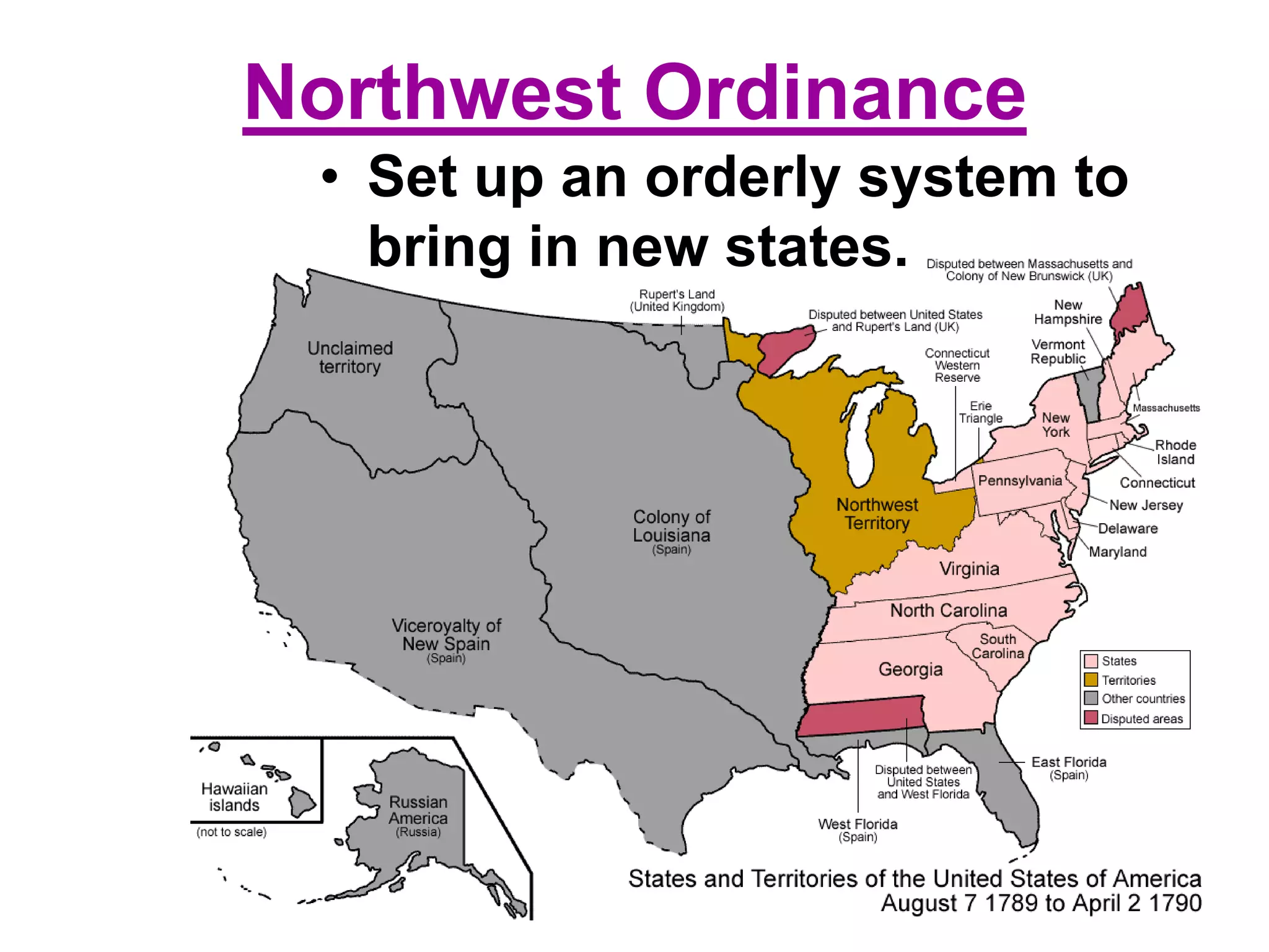 Northwest Ordinance
• Set up an orderly system to
bring in new states.
 