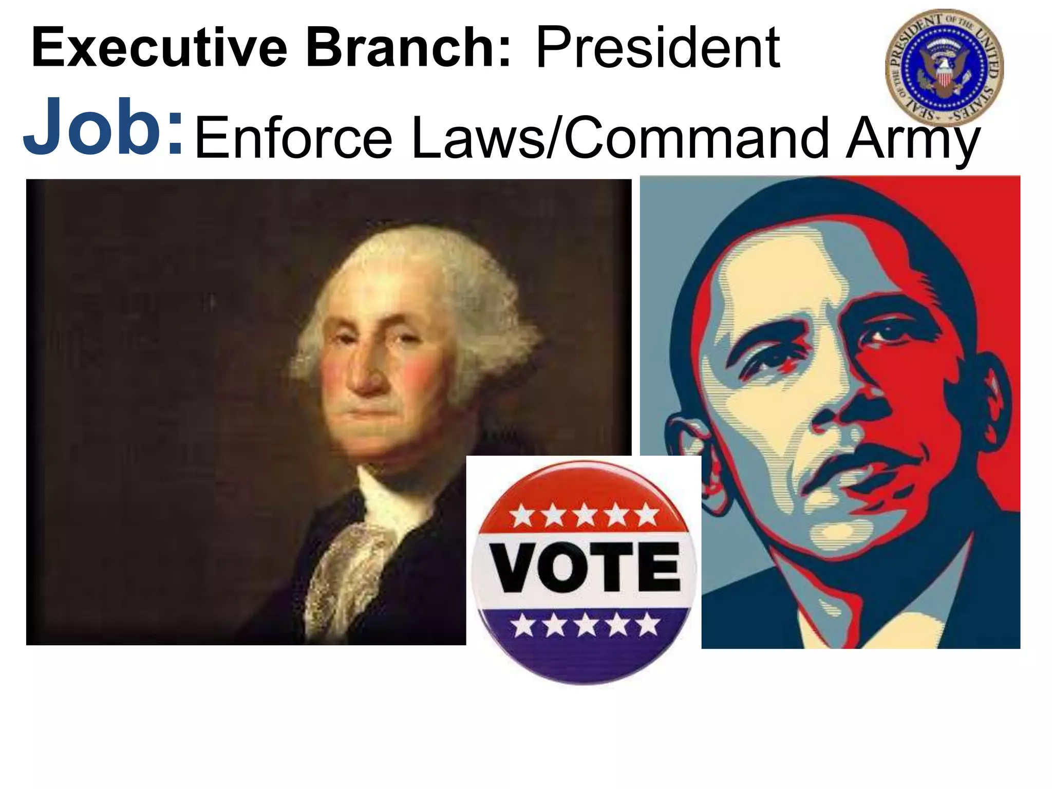 Enforce Laws/Command Army
PresidentExecutive Branch:
Job:
 