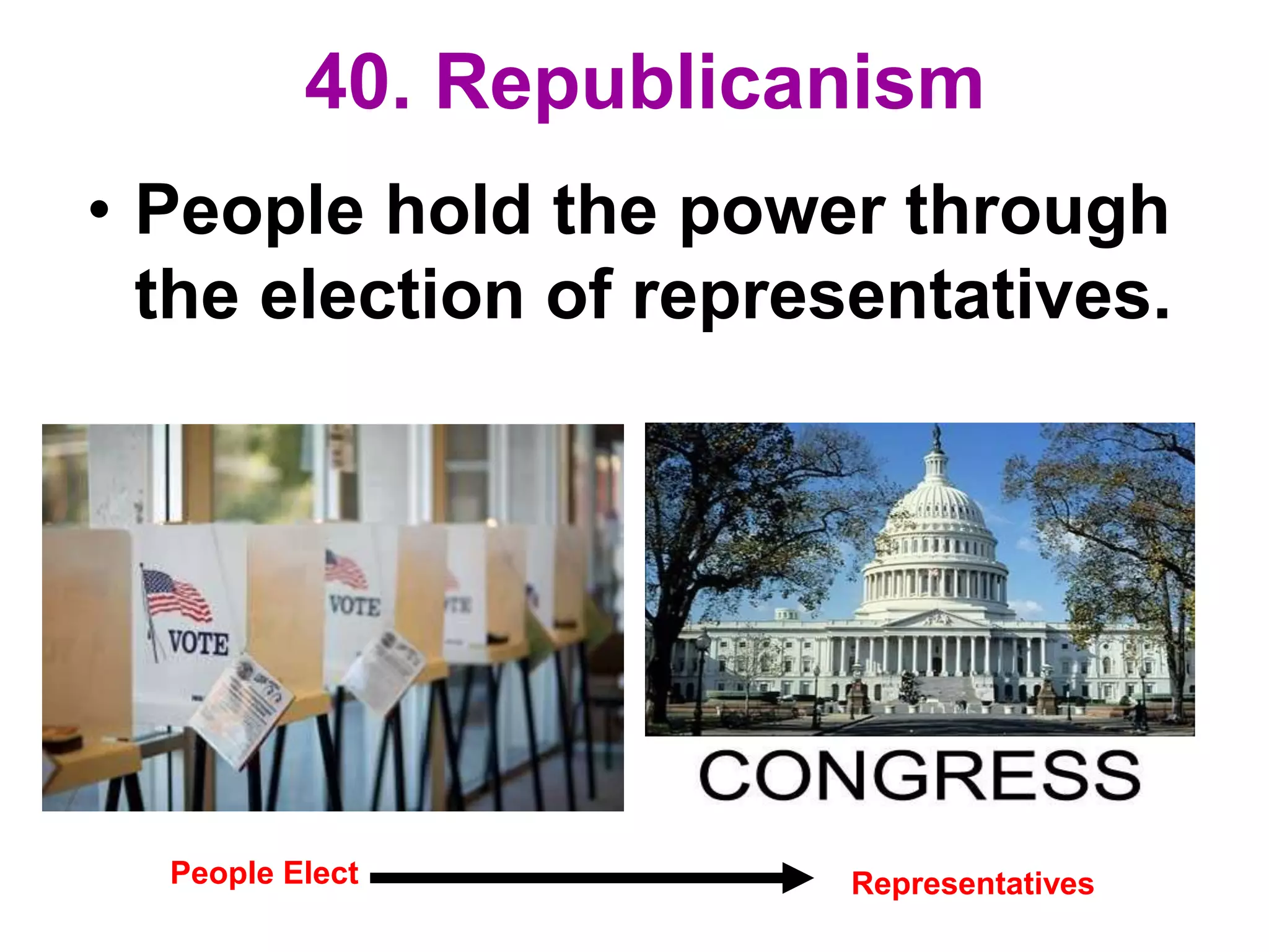 40. Republicanism
• People hold the power through
the election of representatives.
People Elect Representatives
 