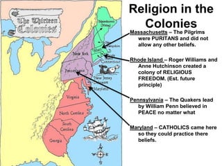 Religion in the
Colonies
Massachusetts – The Pilgrims
were PURITANS and did not
allow any other beliefs.
Rhode Island – Roger Williams and
Anne Hutchinson created a
colony of RELIGIOUS
FREEDOM. (Est. future
principle)
Pennsylvania – The Quakers lead
by William Penn believed in
PEACE no matter what
Maryland – CATHOLICS came here
so they could practice there
beliefs.
 