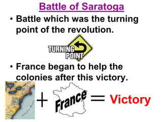 Battle of Saratoga
• Battle which was the turning
point of the revolution.
• France began to help the
colonies after this victory.
Victory
 