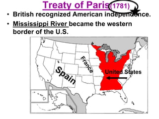 Treaty of Paris(1781)
• British recognized American independence.
• Mississippi River became the western
border of the U.S.
United States
 