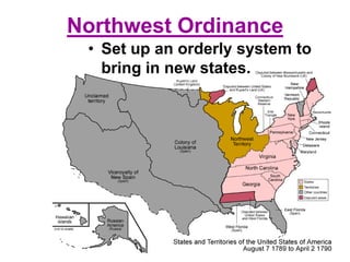 Northwest Ordinance
• Set up an orderly system to
bring in new states.
 