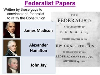 Federalist Papers
Written by these guys to
convince anti-federalist
to ratify the Constitution
James Madison
Alexander
Hamilton
John Jay
 