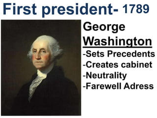 1789
George
Washington
-Sets Precedents
-Creates cabinet
-Neutrality
-Farewell Adress
First president-
 