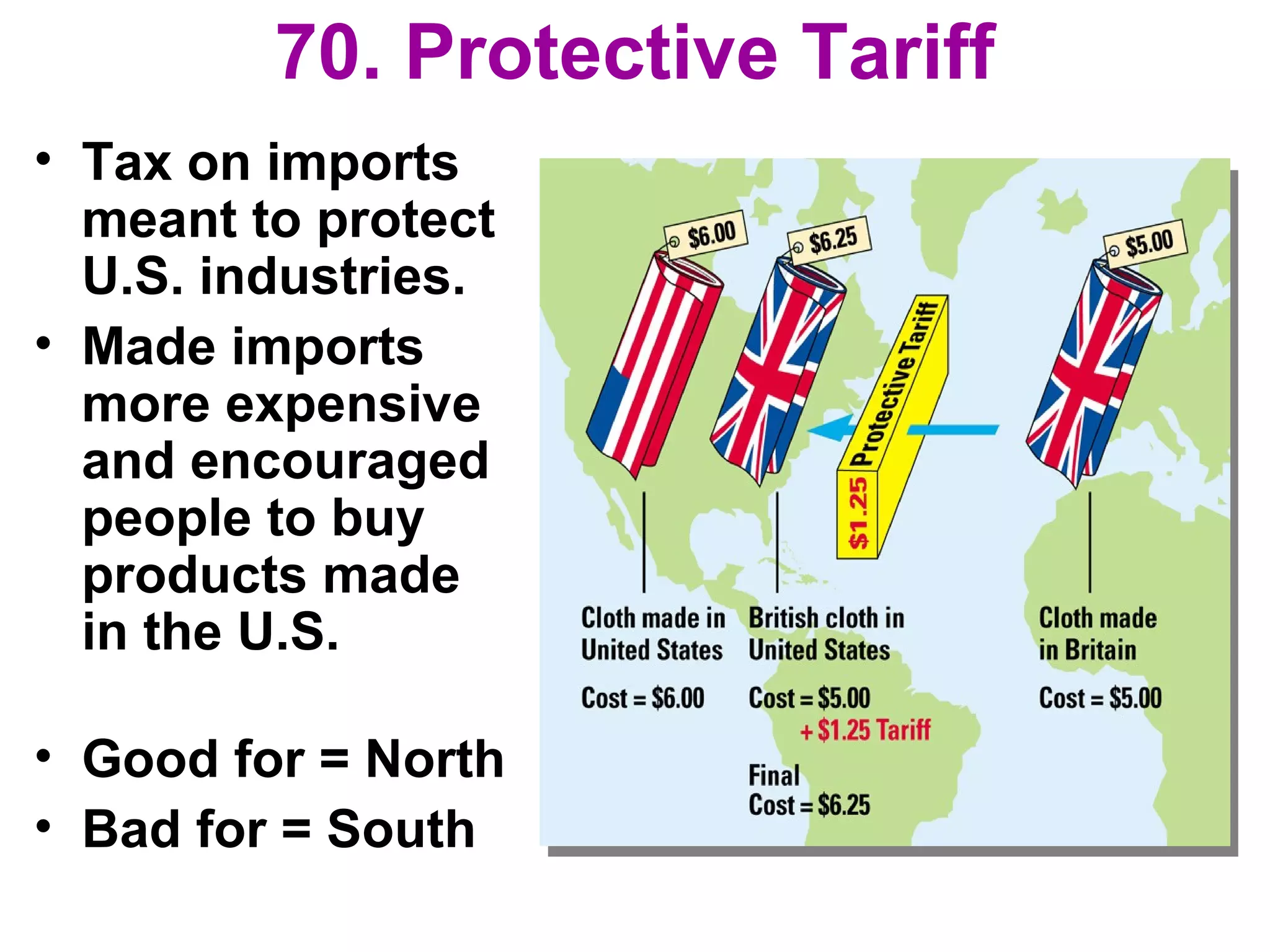 70. Protective Tariff
• Tax on imports
meant to protect
U.S. industries.
• Made imports
more expensive
and encouraged
people to buy
products made
in the U.S.
• Good for = North
• Bad for = South
 