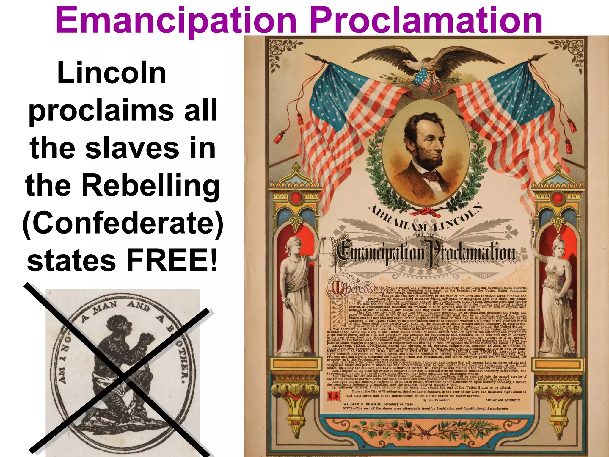 Emancipation Proclamation
Lincoln
proclaims all
the slaves in
the Rebelling
(Confederate)
states FREE!
 