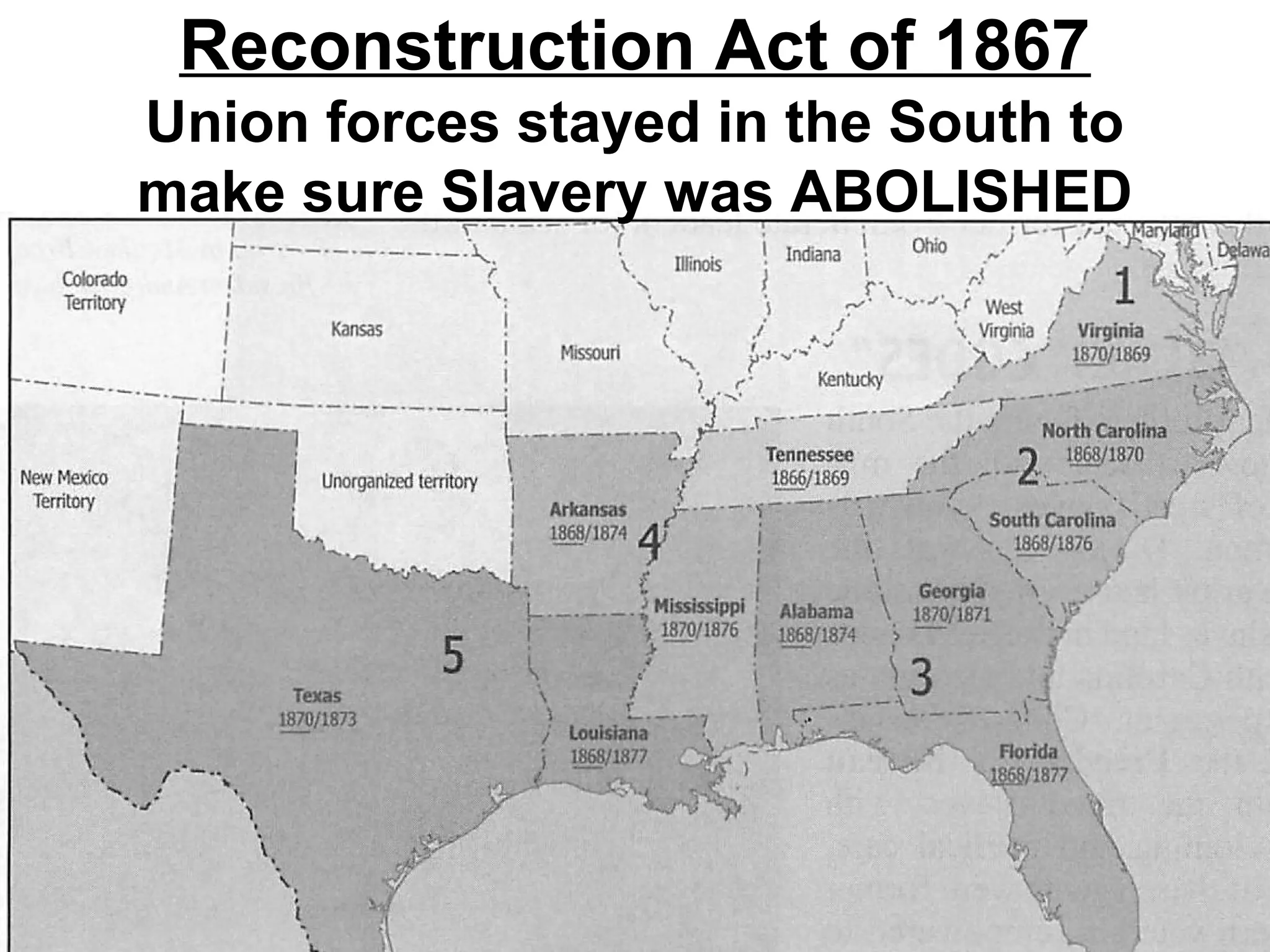 Reconstruction Act of 1867
Union forces stayed in the South to
make sure Slavery was ABOLISHED
 