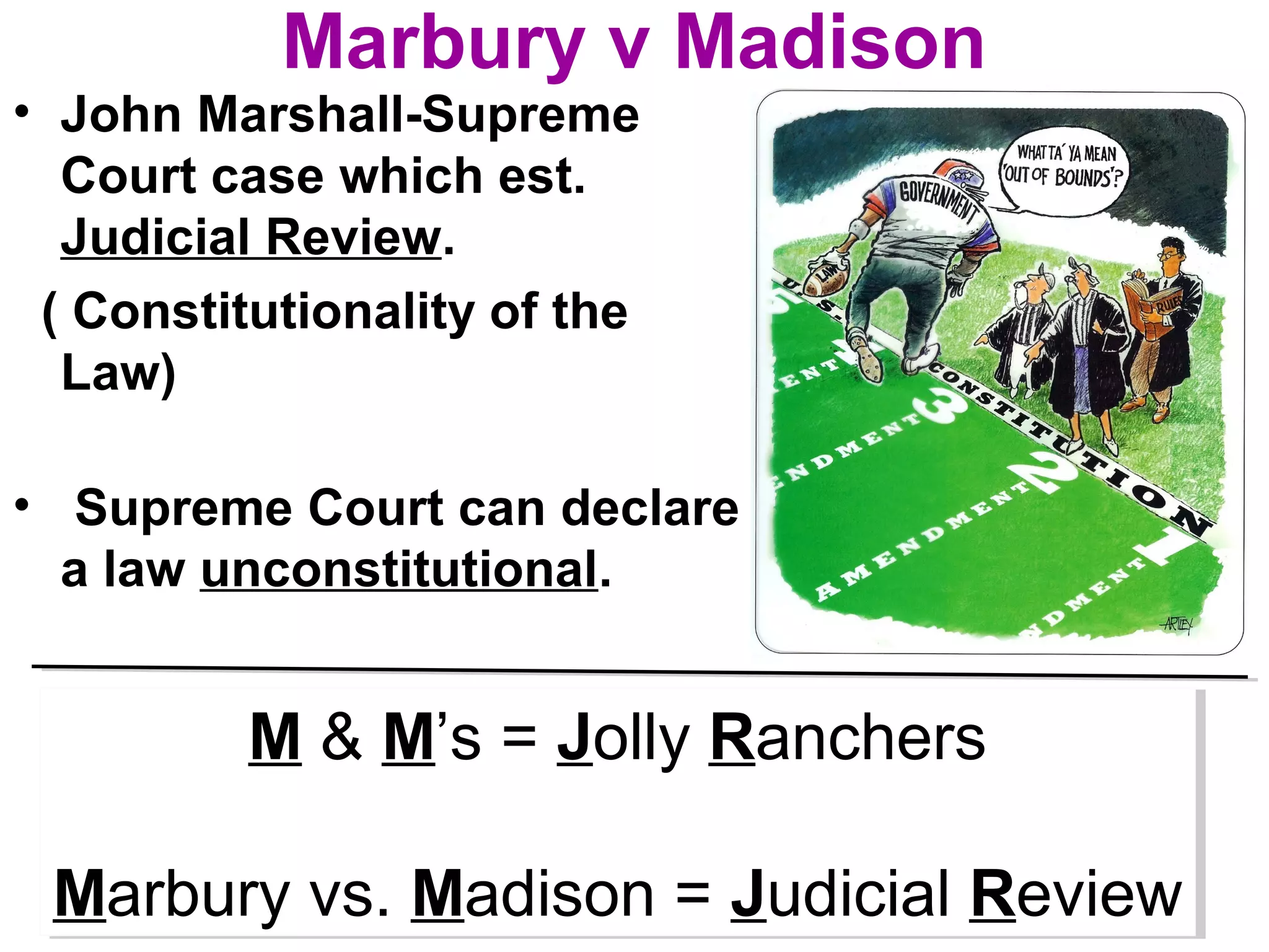 Marbury v Madison
• John Marshall-Supreme
Court case which est.
Judicial Review.
( Constitutionality of the
Law)
• Supreme Court can declare
a law unconstitutional.
M & M’s = Jolly Ranchers
Marbury vs. Madison = Judicial Review
M & M’s = Jolly Ranchers
Marbury vs. Madison = Judicial Review
 
