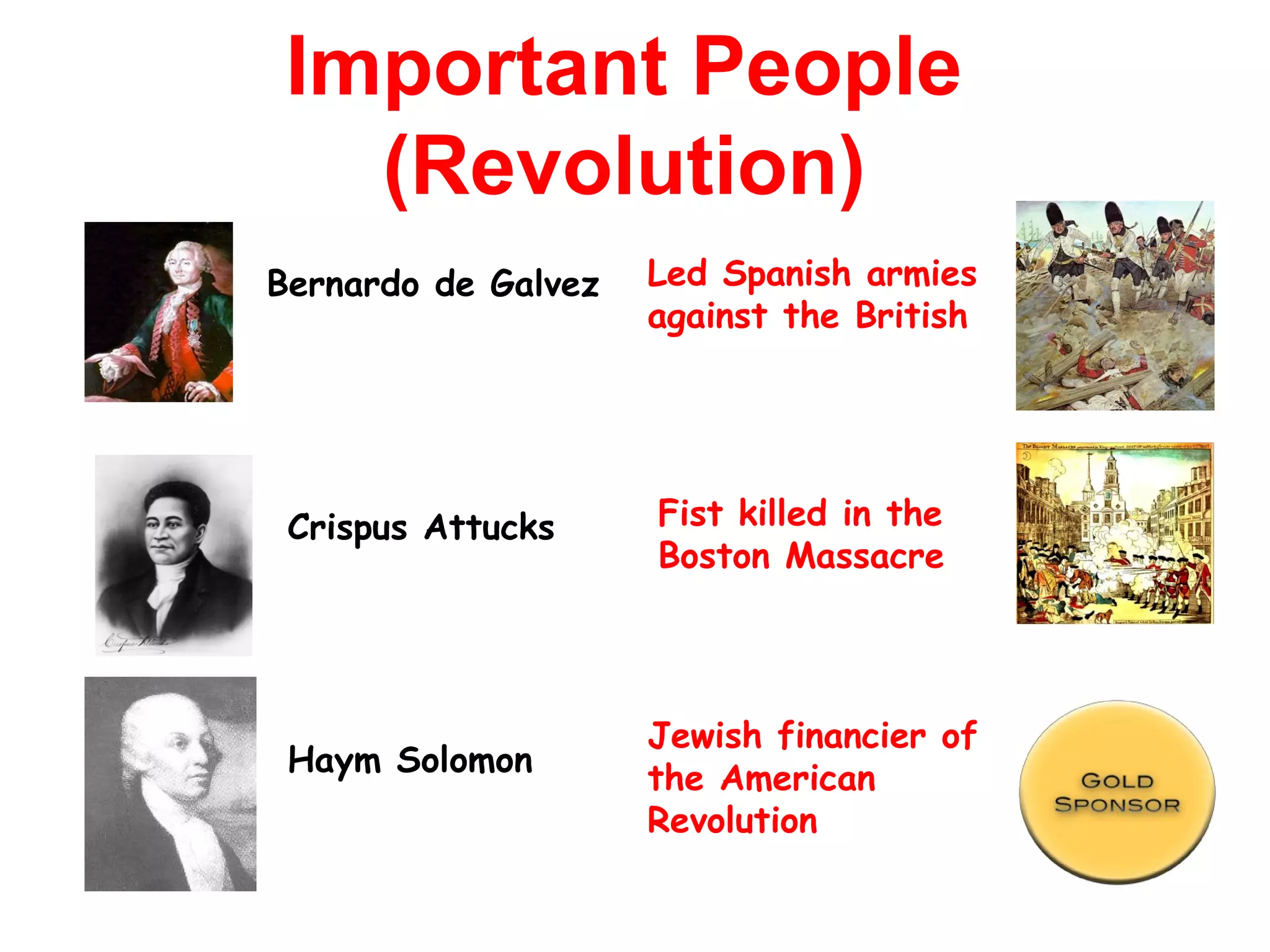Bernardo de Galvez
Crispus Attucks
Haym Solomon
Led Spanish armies
against the British
Fist killed in the
Boston Massacre
Jewish financier of
the American
Revolution
Important People
(Revolution)
 