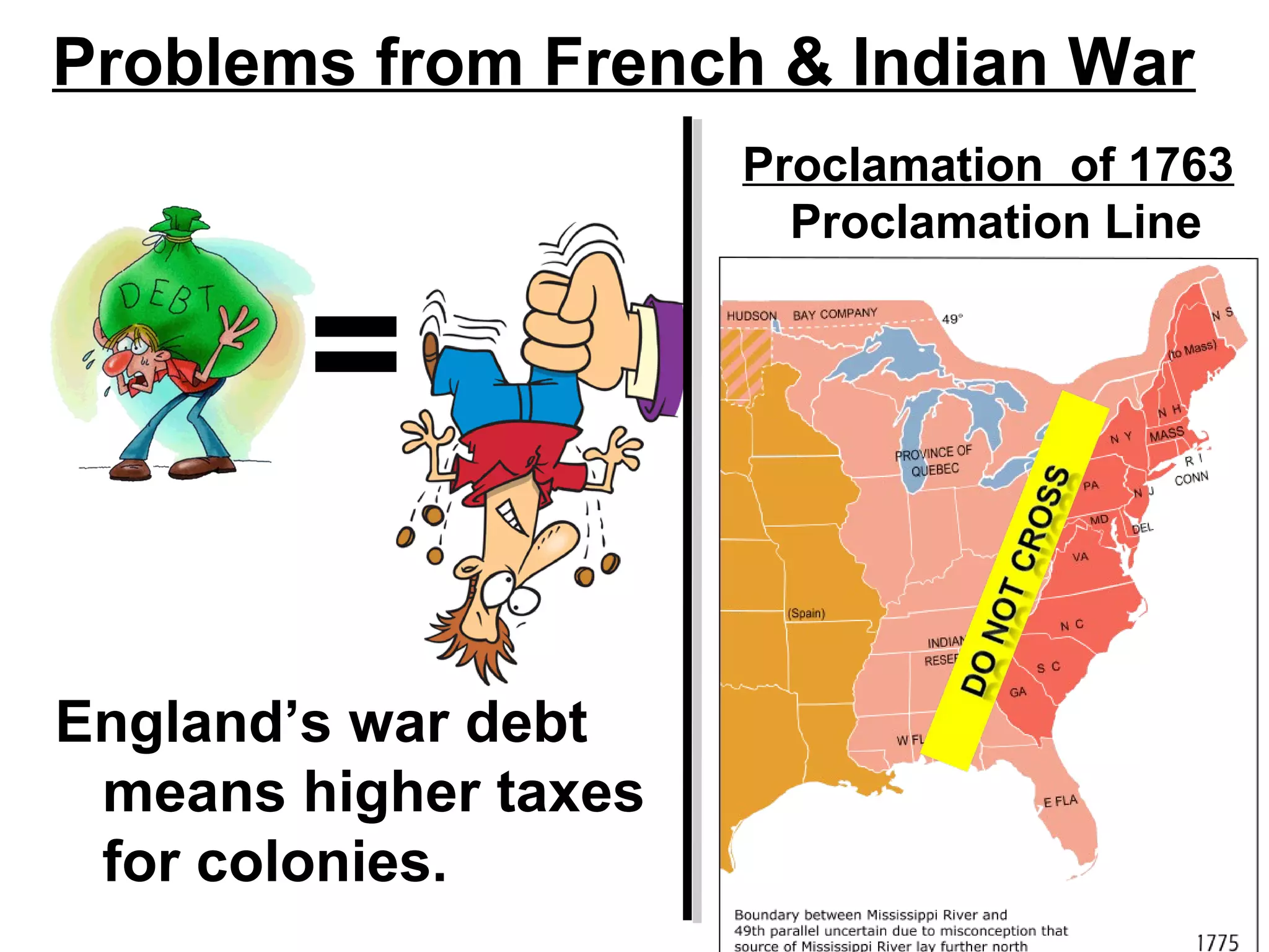 Problems from French & Indian War
Proclamation of 1763
Proclamation Line
=
England’s war debt
means higher taxes
for colonies.
 
