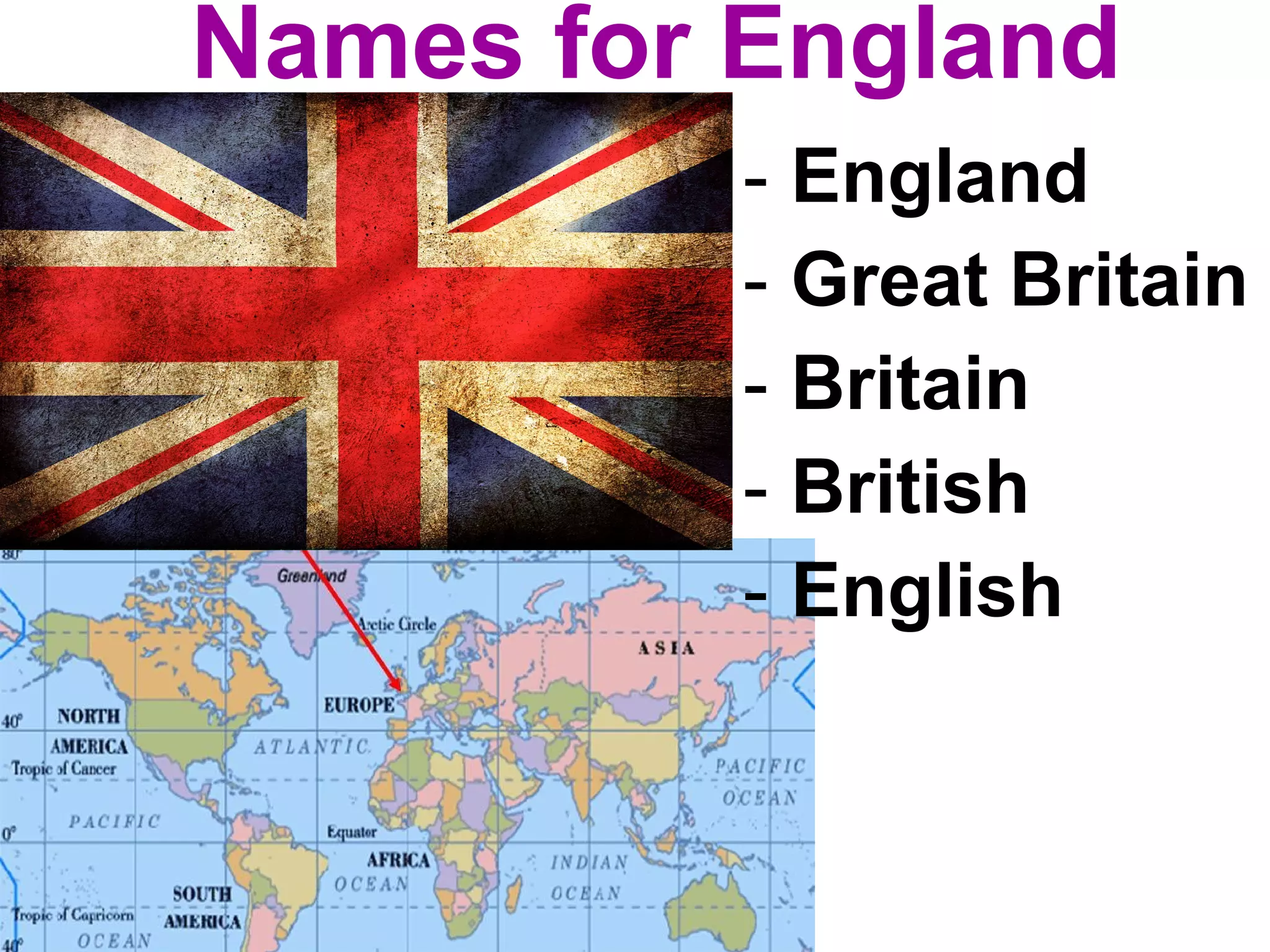 Names for England
- England
- Great Britain
- Britain
- British
- English
 