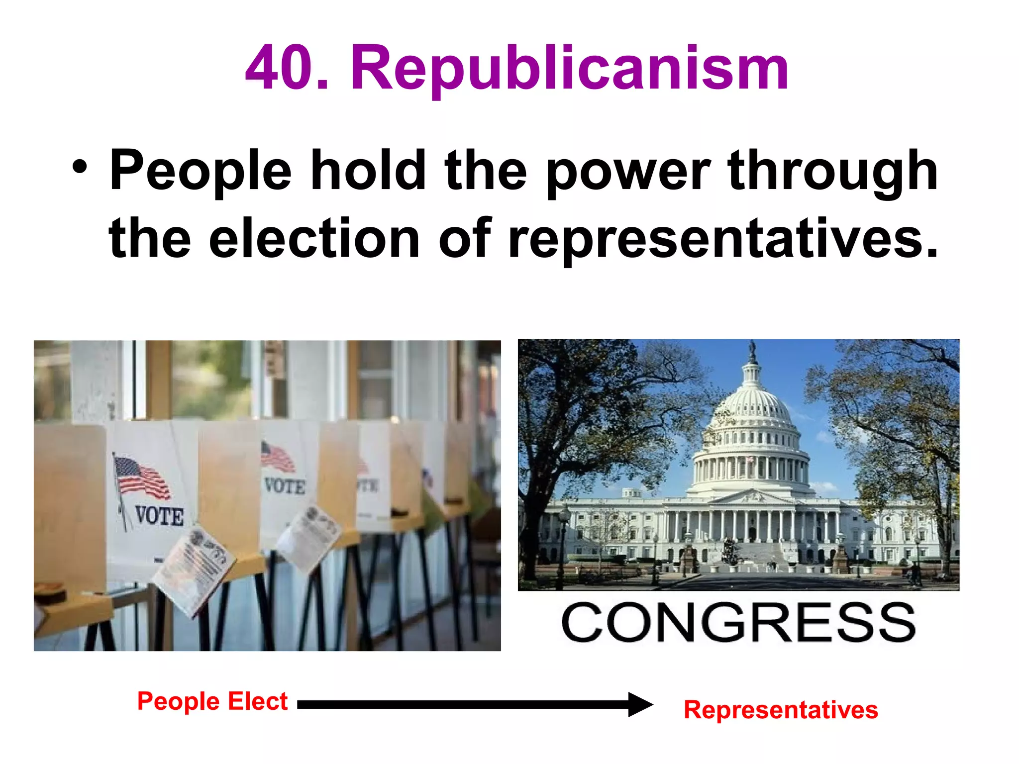 40. Republicanism
• People hold the power through
the election of representatives.
People Elect Representatives
 