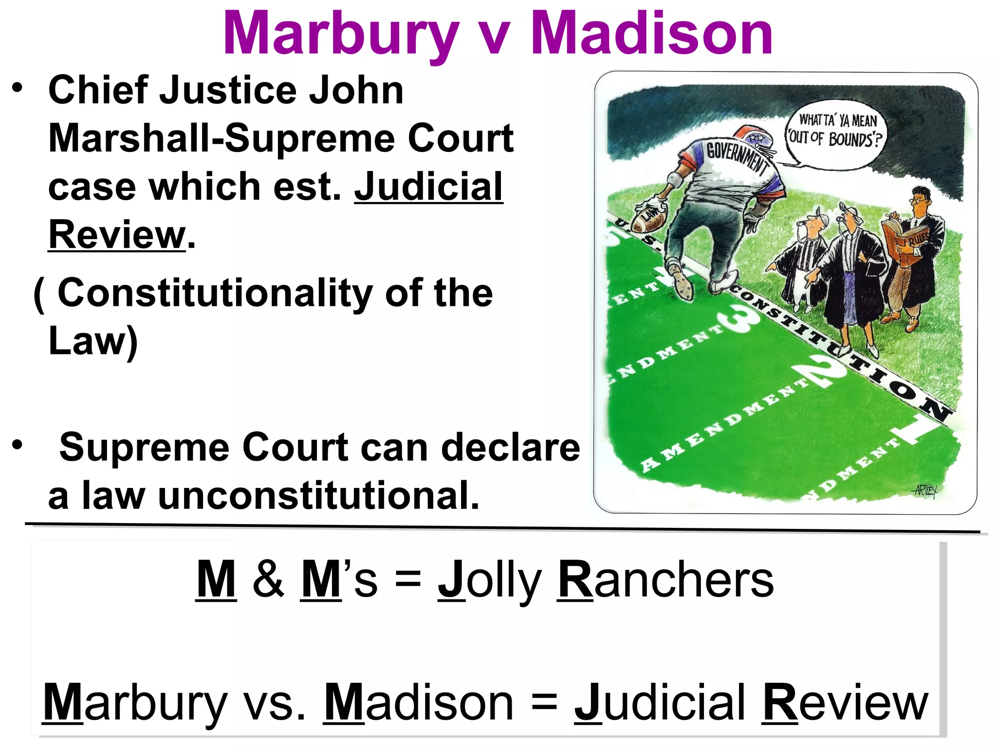 Marbury v Madison
• Chief Justice John
Marshall-Supreme Court
case which est. Judicial
Review.
( Constitutionality of the
Law)
• Supreme Court can declare
a law unconstitutional.
M & M’s = Jolly Ranchers
Marbury vs. Madison = Judicial Review
M & M’s = Jolly Ranchers
Marbury vs. Madison = Judicial Review
 
