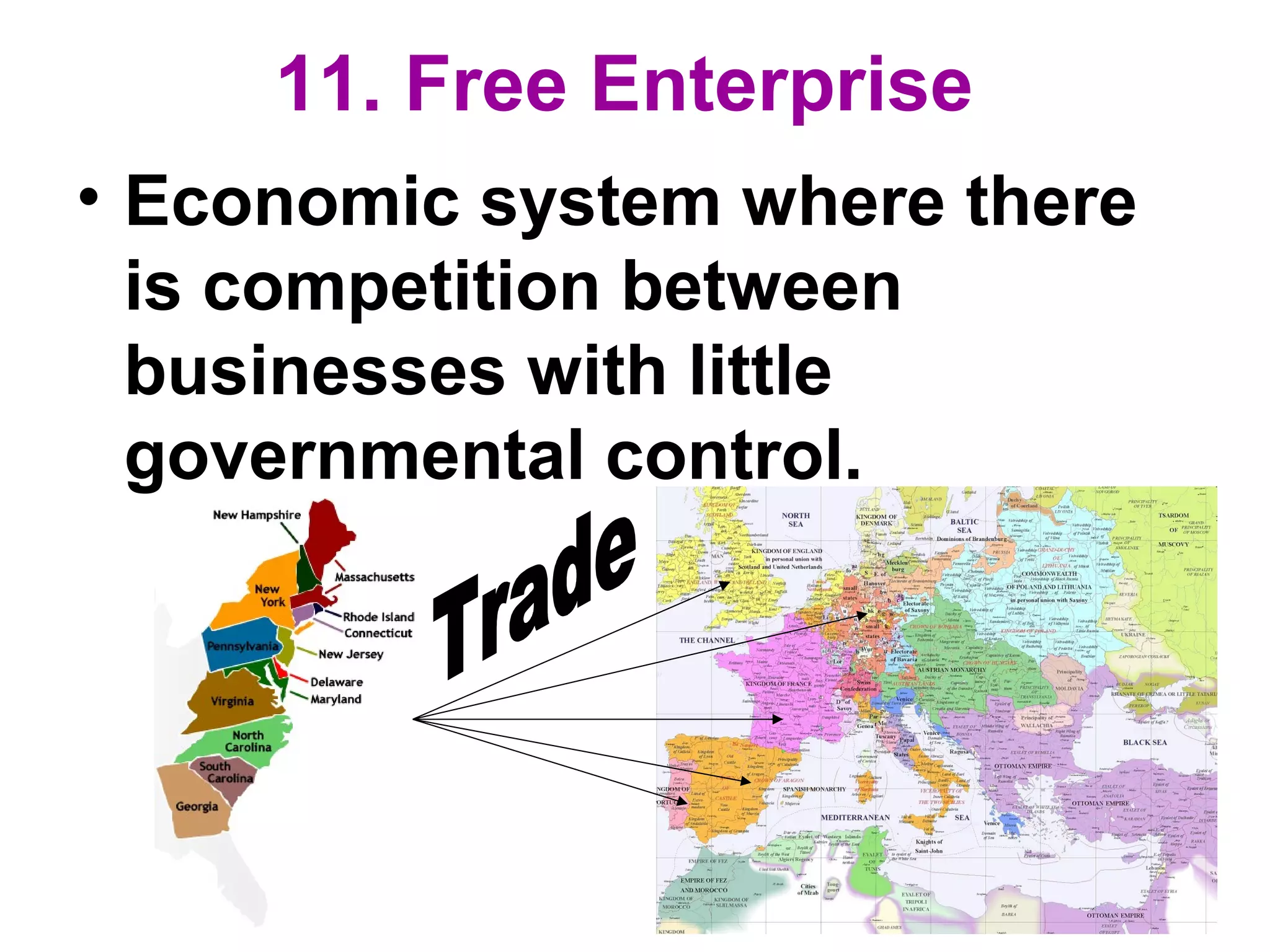 11. Free Enterprise
• Economic system where there
is competition between
businesses with little
governmental control.
 