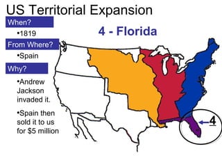 109
US Territorial Expansion
When?
From Where?
Why?
•1819
•Spain
•Andrew
Jackson
invaded it.
•Spain then
sold it to us
for $5 million
4 - Florida
4
 