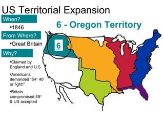 111
US Territorial Expansion
When?
From Where?
Why?
•1846
•Great Britain
•Claimed by
England and U.S
•Americans
demanded “54° 40’
or fight!”
•Britain
compromised 49°
& US accepted
6 - Oregon Territory
6
 