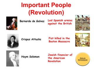 Bernardo de Galvez
Crispus Attucks
Haym Solomon
Led Spanish armies
against the British
Fist killed in the
Boston Massacre
Jewish financier of
the American
Revolution
Important People
(Revolution)
 