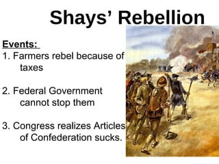 Shays’ Rebellion
Events:
1. Farmers rebel because of
taxes
2. Federal Government
cannot stop them
3. Congress realizes Articles
of Confederation sucks.
 