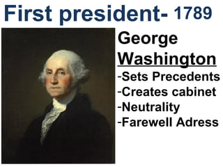 1789
George
Washington
-Sets Precedents
-Creates cabinet
-Neutrality
-Farewell Adress
First president-
 