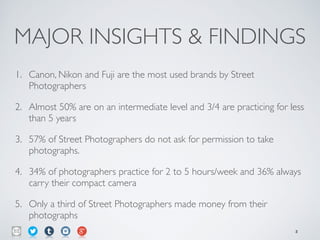 MAJOR INSIGHTS & FINDINGS
1. Canon, Nikon and Fuji are the most used brands by Street
Photographers	

2. Almost 50% are on an intermediate level and 3/4 are practicing for less
than 5 years	

3. 57% of Street Photographers do not ask for permission to take
photographs.	

4. 34% of photographers practice for 2 to 5 hours/week and 36% always
carry their compact camera	

5. Only a third of Street Photographers made money from their
photographs
3
 