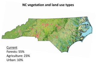 NC vegetation and land use types 
Current 
Forests: 55% 
Agriculture: 23% 
Urban: 10% 
 