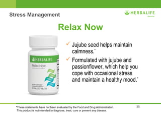 35 
Relax Now 
 Jujube seed helps maintain 
calmness.* 
 Formulated with jujube and 
passionflower, which help you 
cope with occasional stress 
and maintain a healthy mood.* 
Stress Management 
*These statements have not been evaluated by the Food and Drug Administration. 
This product is not intended to diagnose, treat, cure or prevent any disease. 
 