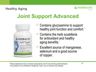 37 
Joint Support Advanced 
 Contains glucosamine to support 
healthy joint function and comfort.* 
 Contains the herb scutellaria 
for antioxidant and healthy 
aging benefits.* 
 Excellent source of manganese, 
selenium and a good source 
of copper. 
Healthy Aging 
*These statements have not been evaluated by the Food and Drug Administration. 
This product is not intended to diagnose, treat, cure or prevent any disease. 
 