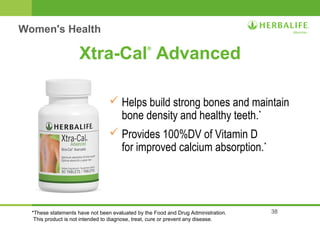 38 
Xtra-Cal® Advanced 
 Helps build strong bones and maintain 
bone density and healthy teeth.* 
 Provides 100%DV of Vitamin D 
for improved calcium absorption.* 
Women's Health 
*These statements have not been evaluated by the Food and Drug Administration. 
This product is not intended to diagnose, treat, cure or prevent any disease. 
 