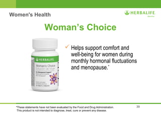 39 
Woman’s Choice 
 Helps support comfort and 
well-being for women during 
monthly hormonal fluctuations 
and menopause.* 
Women's Health 
*These statements have not been evaluated by the Food and Drug Administration. 
This product is not intended to diagnose, treat, cure or prevent any disease. 
 
