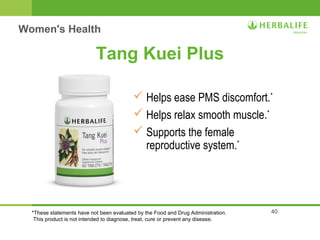 40 
Tang Kuei Plus 
 Helps ease PMS discomfort.* 
 Helps relax smooth muscle.* 
 Supports the female 
reproductive system.* 
Women's Health 
*These statements have not been evaluated by the Food and Drug Administration. 
This product is not intended to diagnose, treat, cure or prevent any disease. 
 