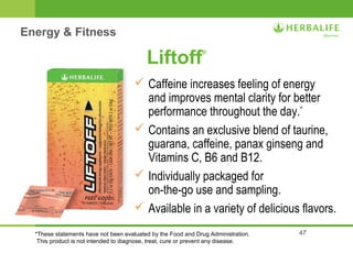 Liftoff® 
 Caffeine increases feeling of energy 
and improves mental clarity for better 
performance throughout the day.* 
 Contains an exclusive blend of taurine, 
guarana, caffeine, panax ginseng and 
Vitamins C, B6 and B12. 
 Individually packaged for 
on-the-go use and sampling. 
 Available in a variety of delicious flavors. 
47 
Energy & Fitness 
*These statements have not been evaluated by the Food and Drug Administration. 
This product is not intended to diagnose, treat, cure or prevent any disease. 
 