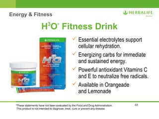 48 
H3O® Fitness Drink 
 Essential electrolytes support 
cellular rehydration. 
 Energizing carbs for immediate 
and sustained energy. 
 Powerful antioxidant Vitamins C 
and E to neutralize free radicals. 
 Available in Orangeade 
and Lemonade 
Energy & Fitness 
*These statements have not been evaluated by the Food and Drug Administration. 
This product is not intended to diagnose, treat, cure or prevent any disease. 
 