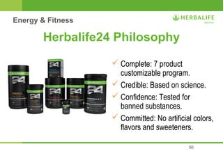 50 
Herbalife24 Philosophy 
 Complete: 7 product 
customizable program. 
 Credible: Based on science. 
 Confidence: Tested for 
banned substances. 
 Committed: No artificial colors, 
flavors and sweeteners. 
Energy & Fitness 
 