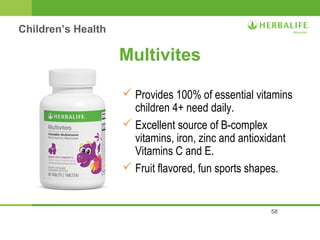 58 
Multivites 
 Provides 100% of essential vitamins 
children 4+ need daily. 
 Excellent source of B-complex 
vitamins, iron, zinc and antioxidant 
Vitamins C and E. 
 Fruit flavored, fun sports shapes. 
Children’s Health 
 