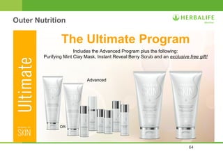 The Ultimate Program 
64 
Includes the Advanced Program plus the following: 
Purifying Mint Clay Mask, Instant Reveal Berry Scrub and an exclusive free gift! 
Advanced 
Outer Nutrition 
OR 
 