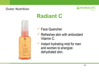 68 
Radiant C 
 Face Quencher 
 Refreshes skin with antioxidant 
Vitamin C. 
 Instant hydrating mist for men 
and women to energize 
dehydrated skin. 
Outer Nutrition 
 