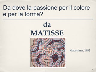 6
Da dove la passione per il colore
e per la forma?
da
MATISSE
Matissiana, 1982
 